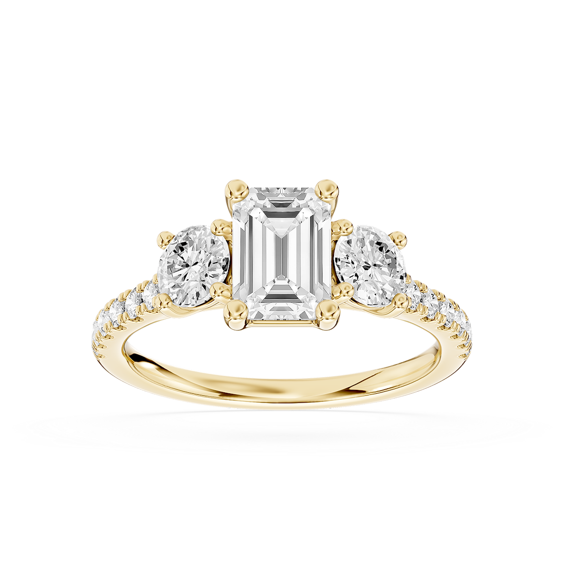 Corinne 1 ¾ ctw Emerald Lab Grown Diamond Round Three Stone Engagement Ring