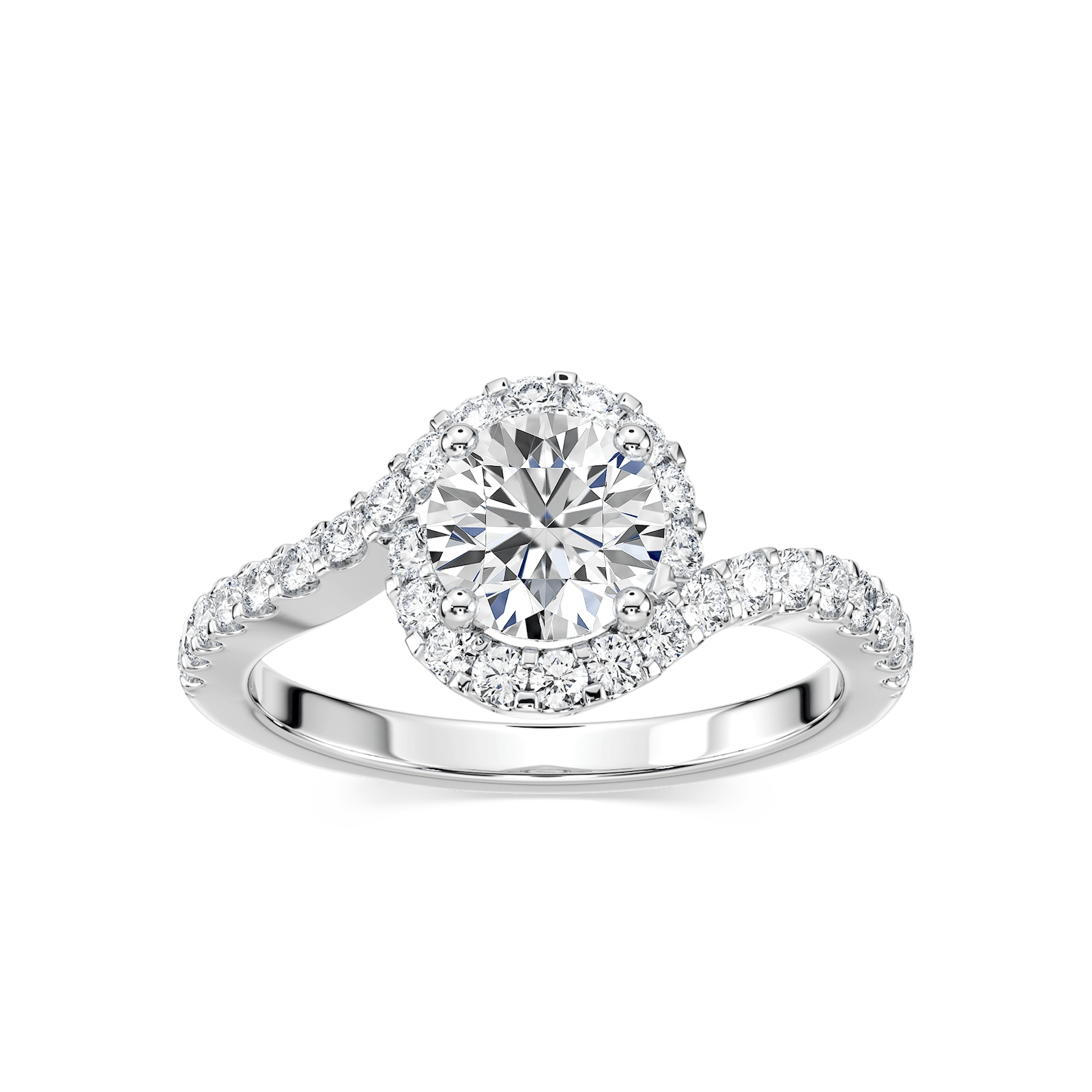 Shown with 1ct Round Cut Lab Grown Diamond in 14k White Gold|Elegant and beautiful diamond halo accented engagement ring with 1ct round cut lab grown diamond in 14k white gold