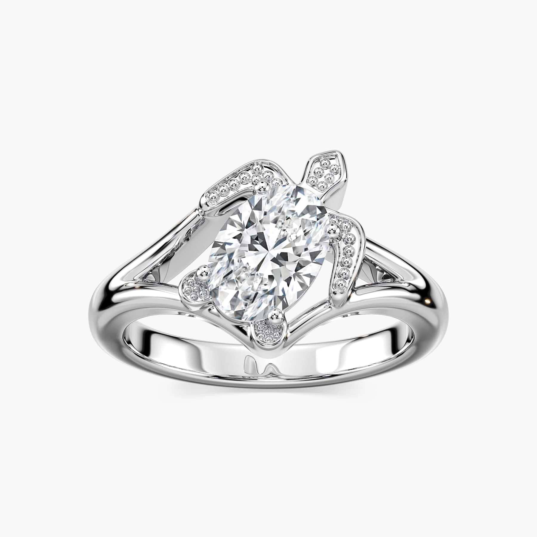 Shown with 1ct Oval Cut Lab Grown Diamond in 14k White Gold|Cute sea turtle engagement ring with 1ct oval cut lab grown diamond in 14k white gold