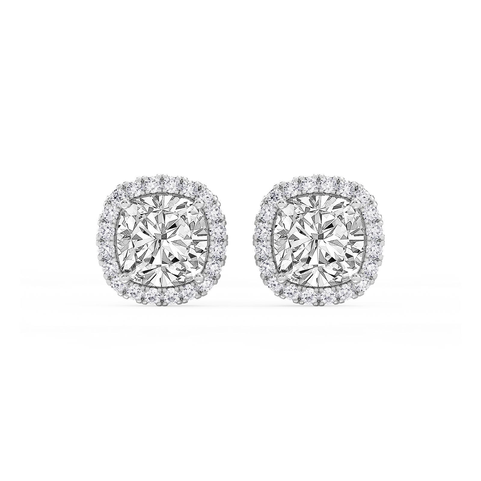 Cushion Lab Grown Diamond Four Prong Basket Halo Stud Earrings