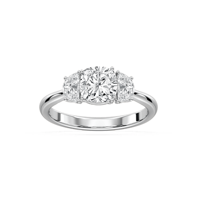 Mara Cushion Lab Grown Diamond with Half Moon Sides Trellis Three Stone Engagement Ring