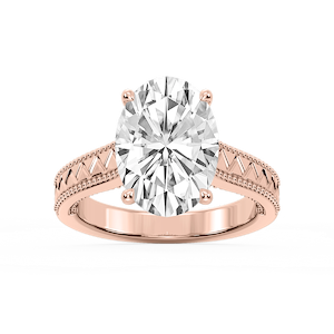 Daisy Oval Lab Grown Diamond Etched Milgrain Side Stone Engagement Ring