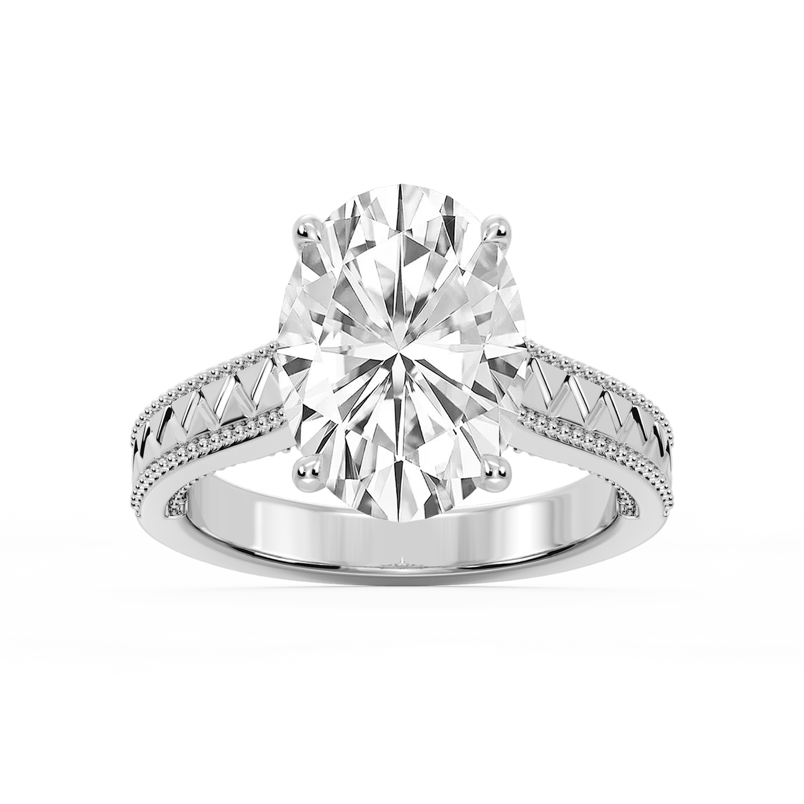 Daisy Oval Lab Grown Diamond Etched Milgrain Side Stone Engagement Ring