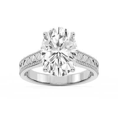 Daisy Oval Lab Grown Diamond Etched Milgrain Side Stone Engagement Ring