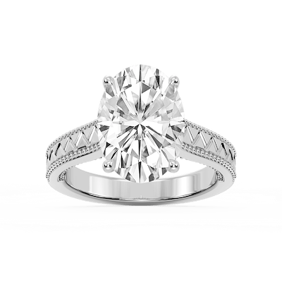 Daisy Oval Lab Grown Diamond Etched Milgrain Side Stone Engagement Ring