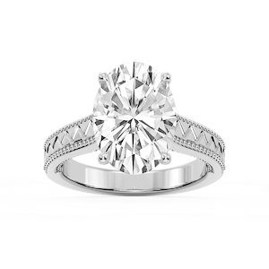 Daisy Oval Lab Grown Diamond Etched Milgrain Side Stone Engagement Ring