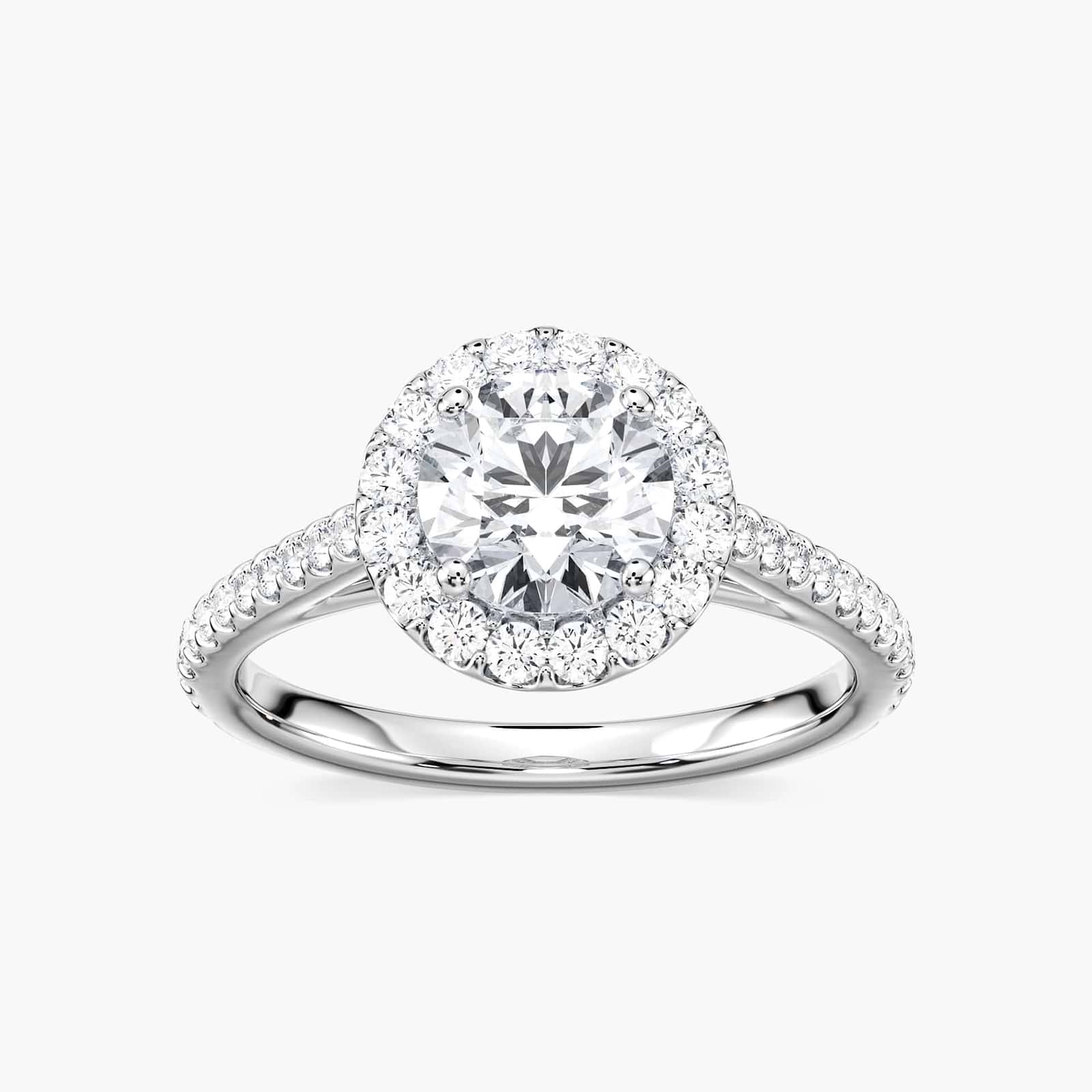 Shown with 1ct Round Cut Lab Grown Diamond in 14k White Gold|Elegant diamond accented halo engagement ring with 1ct round cut lab grown diamond in 14k white gold