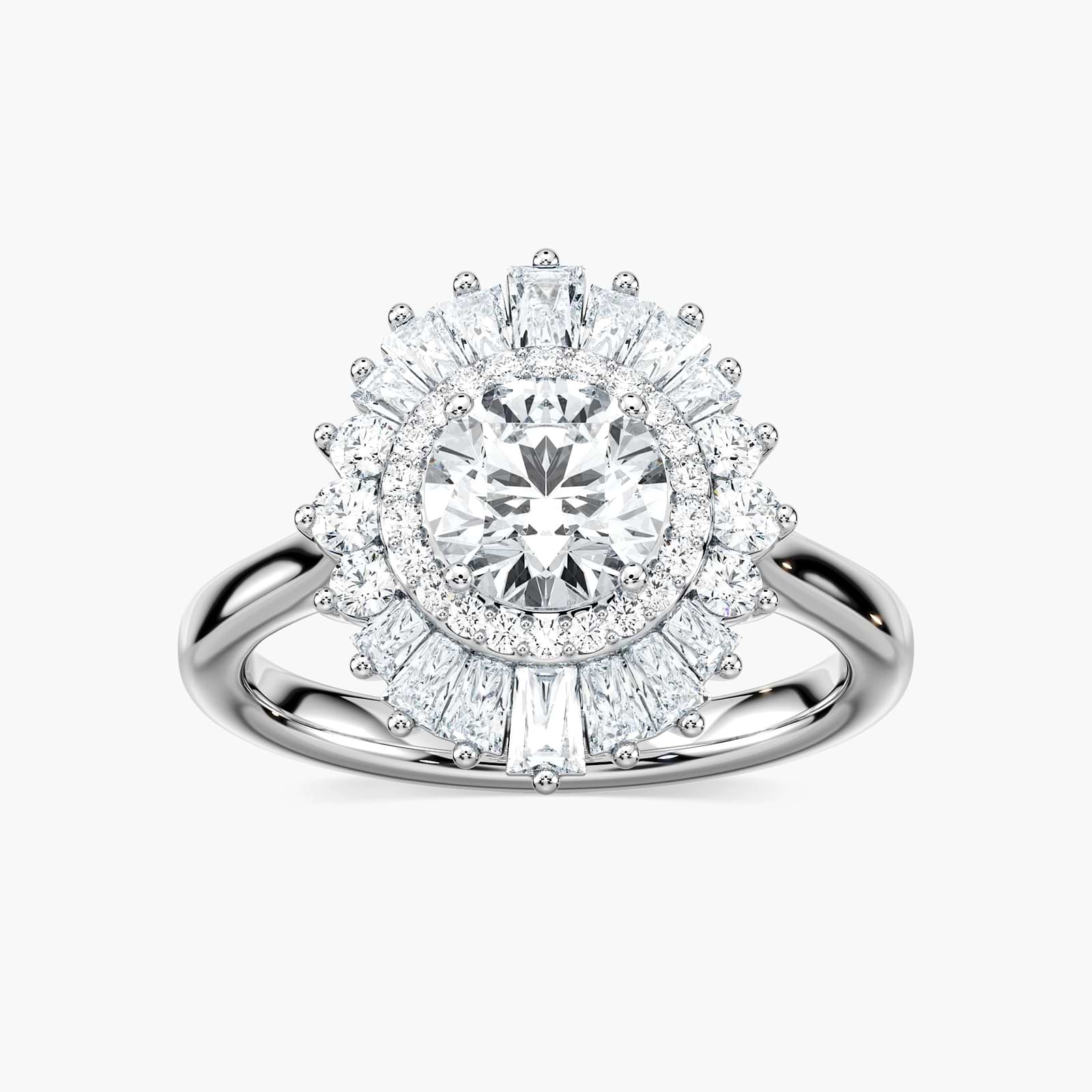 Shown with 1ct Round Cut Lab Grown Blue Sapphire|Unique stunning vintage style diamond halo engagement ring with baguette cut diamonds surrounding a 1ct round cut lab grown blue sapphire in 14k white gold