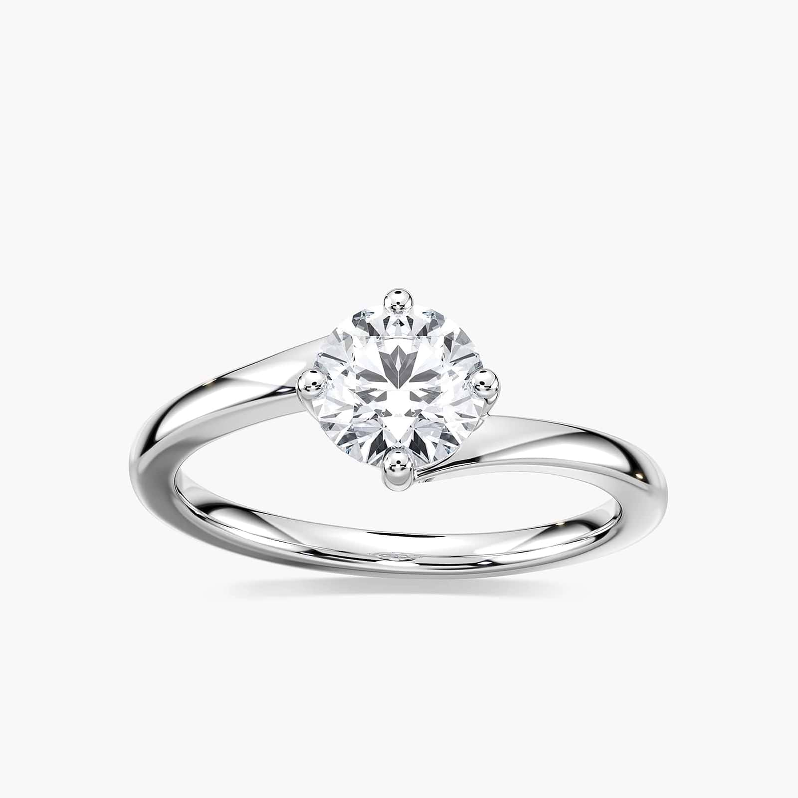 Shown with 1ct Round Cut Lab Grown Diamond in 14k White Gold|Modern simple minimalistic solitaire engagement ring with 1ct round cut lab grown diamond in 14k white gold