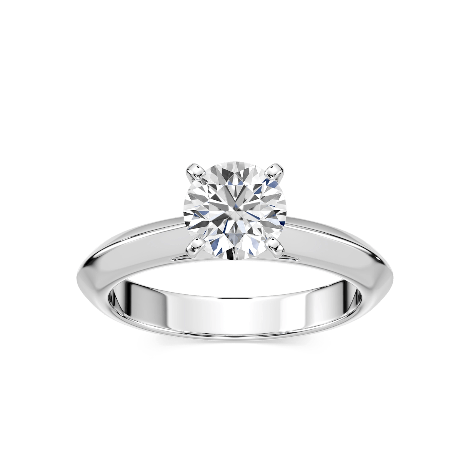Shown with 1ct Round Cut Lab Grown Diamond in 14k White Gold|Simple solitaire engagement ring with cathedral design holding a 1ct round cut lab grown diamond in 14k white gold