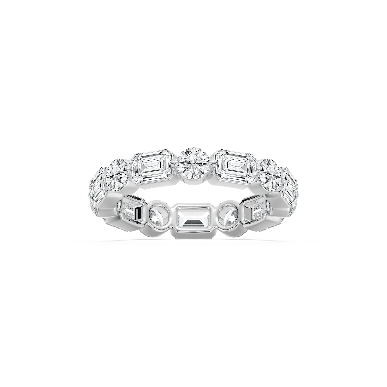 East West Emerald Round Eternity Ring in Rose Gold
