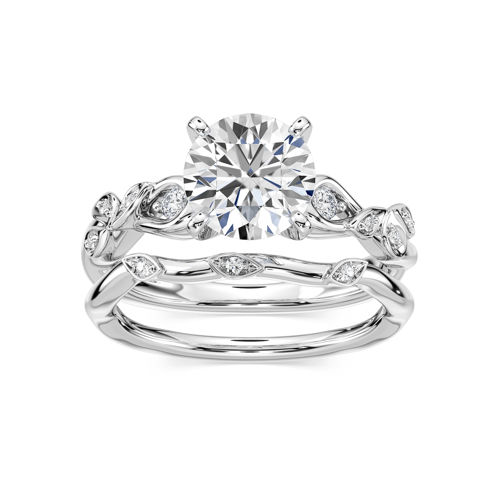 Shown with a 1.0ct Round cut Lab-Grown Diamond with accenting diamonds in recycled 14K white gold with matching wedding band | engagement ring leaf detail Shown with a 1.0ct Round cut Lab-Grown Diamond with accenting diamonds in recycled 14K white gold with matching band