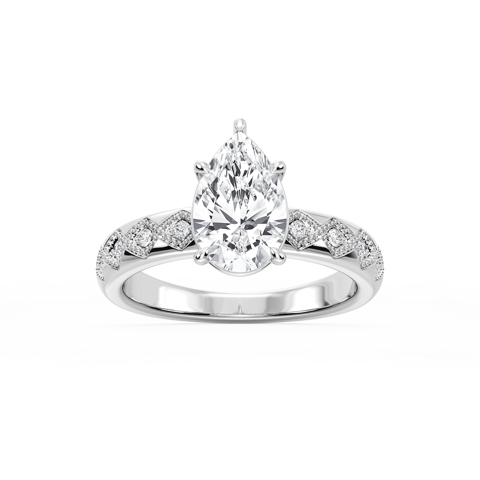 Edith Pear Lab Grown Diamond Accent Milgrain Side Stone Engagement Ring