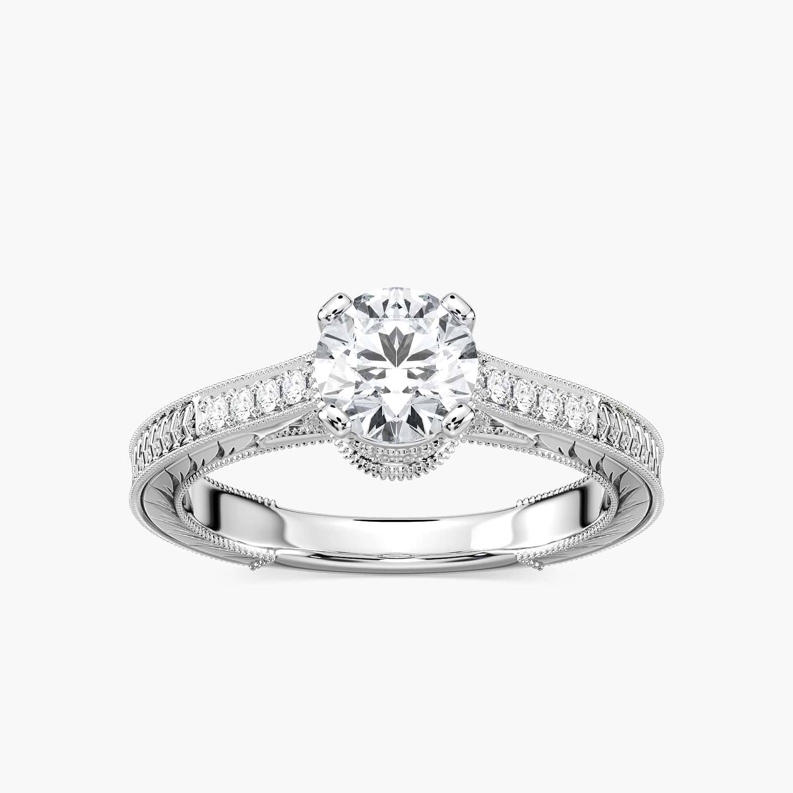 Shown with 1ct Round Cut Lab Grown Diamond in 14k White Gold|Antique style diamond accented engagement ring with 1ct round cut lab grown diamond in 14k white gold filigree detailed band