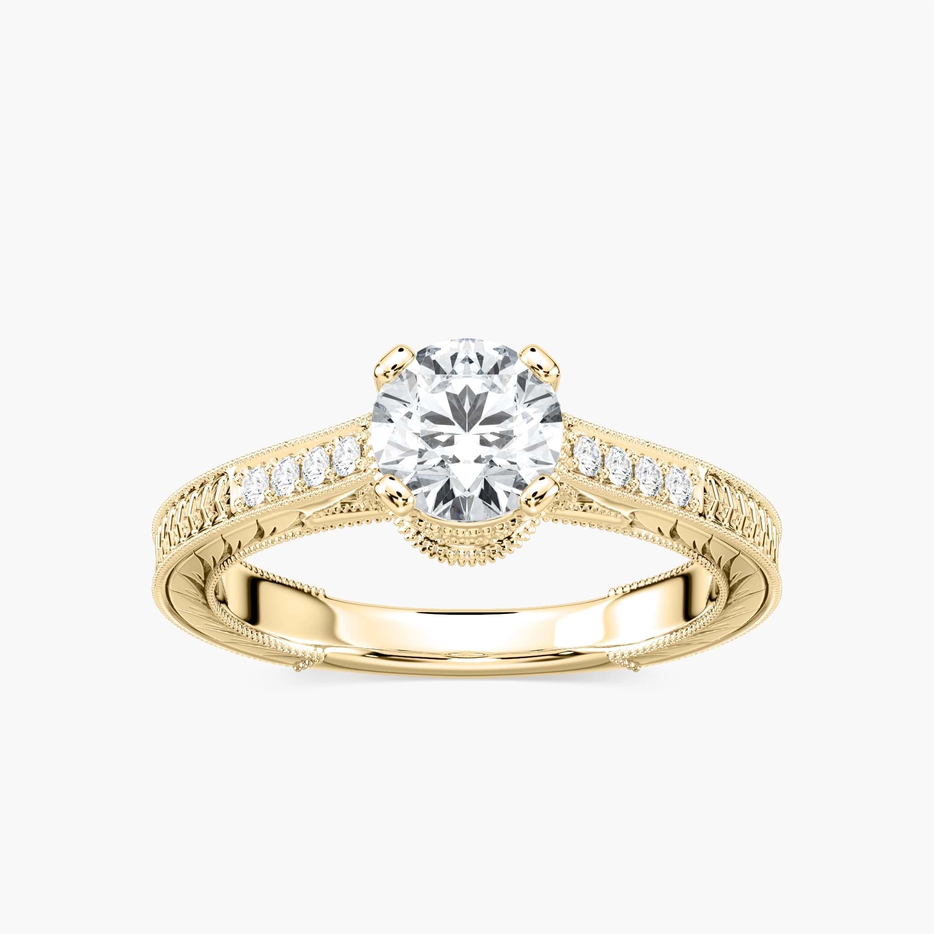 Ella Round Lab Grown Diamond Vintage Antique Crown Side Stone Engagement Ring