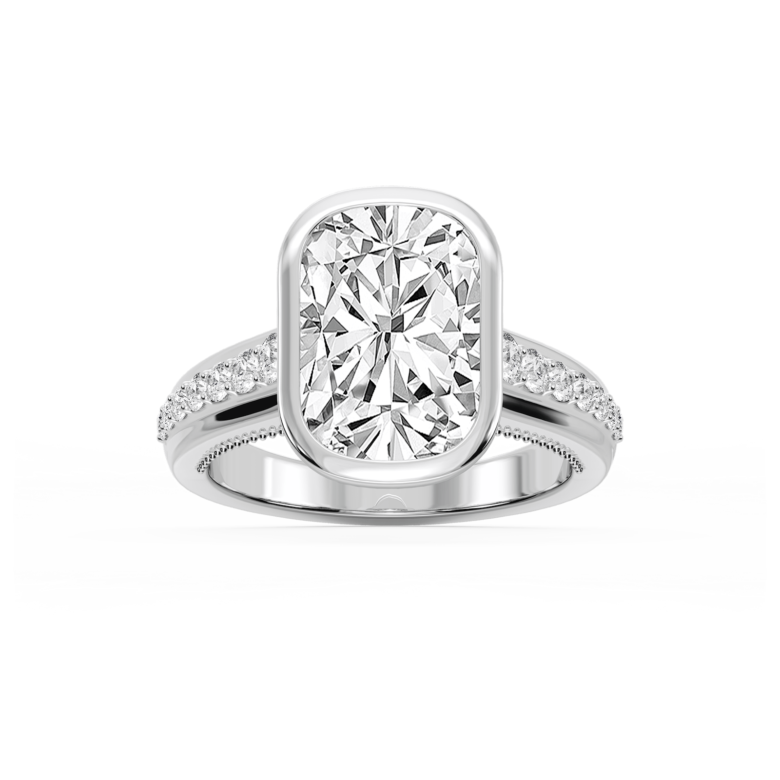Ellen Elongated Cushion Lab Grown Diamond Bezel Side Stone Engagement Ring