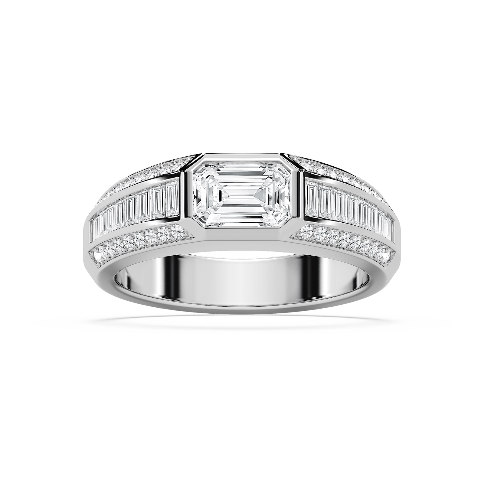 Theodore 2 ⅜ ctw Emerald, Baguette and Round Lab Grown Diamond 4.45mm East West Bezel Mens Wedding Band