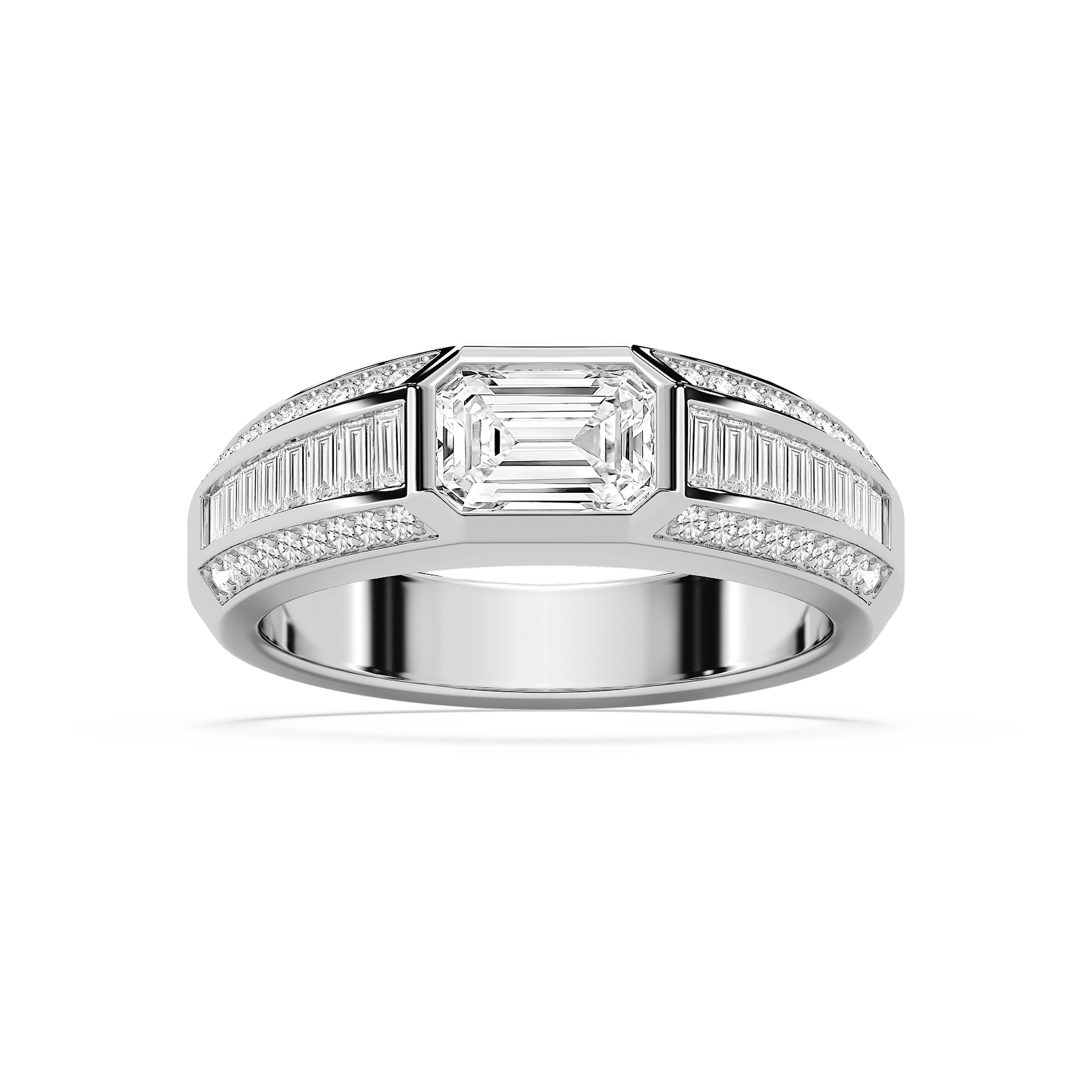 Theodore 2 ⅜ ctw Emerald, Baguette and Round Lab Grown Diamond 4.45mm East West Bezel Mens Wedding Band