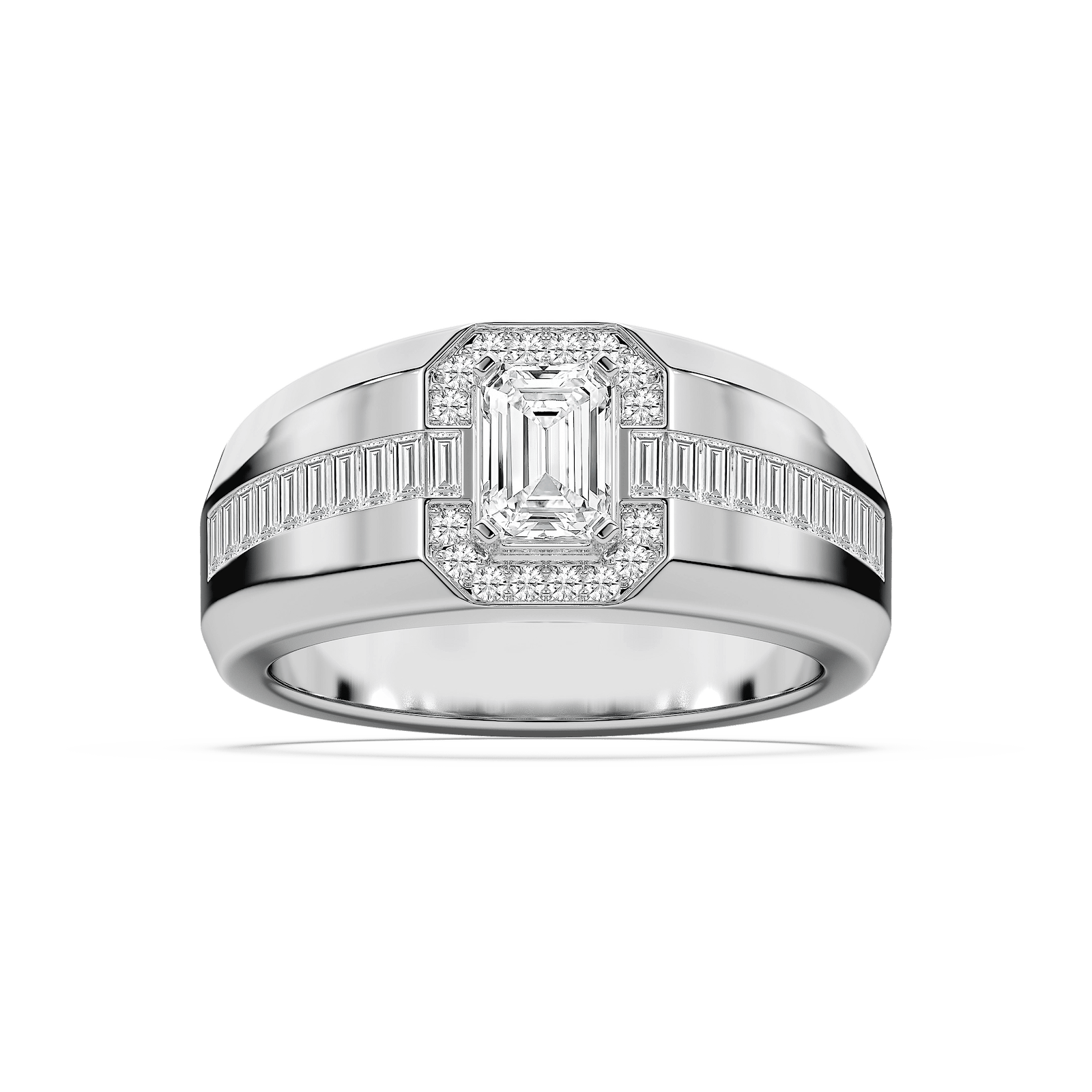 Knox 1 ¾ ctw Emerald, Baguette and Round Lab Grown Diamond 5.20mm Signet Mens Wedding Band