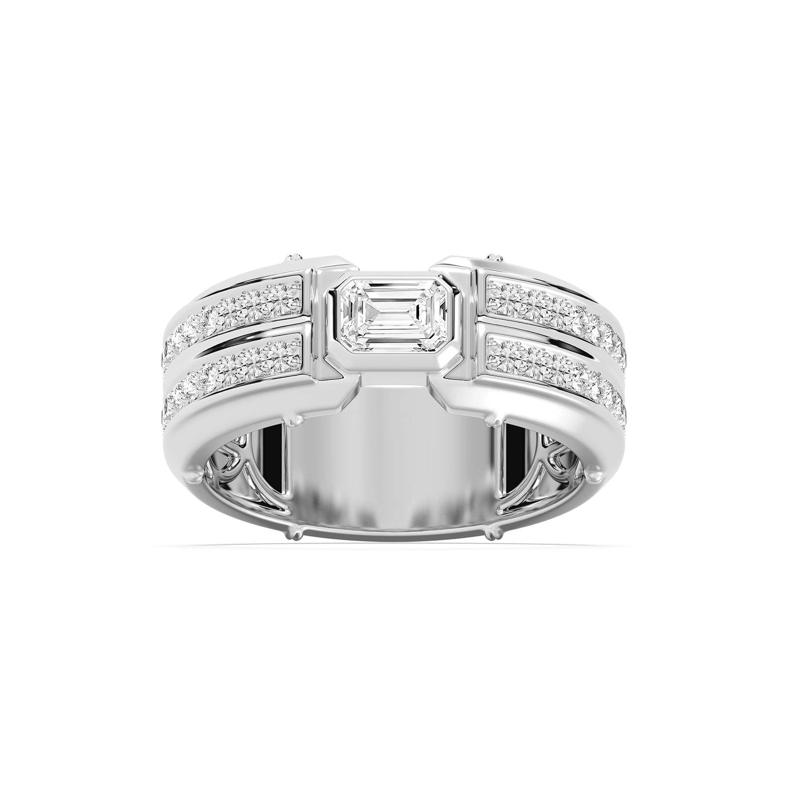 Cooper 1 ⅛ ctw Emerald and Round Lab Grown Diamond 8.55mm Channel Mens Wedding Band