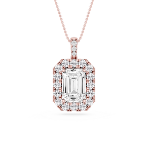 Emerald Lab Grown Diamond Halo Diamond Bail Solitaire Pendant - 16 to 18 Inches