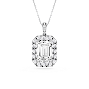 Emerald Lab Grown Diamond Halo Diamond Bail Solitaire Pendant - 16 to 18 Inches
