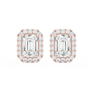 Emerald Lab Grown Diamond Four Prong Basket Halo Stud Earrings