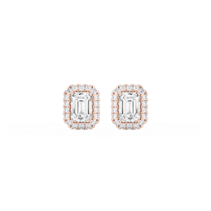 Emerald Lab Grown Diamond Four Prong Basket Halo Stud Earrings