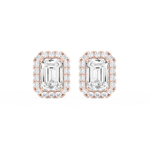 Emerald Lab Grown Diamond Four Prong Basket Halo Stud Earrings