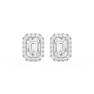 Emerald Lab Grown Diamond Four Prong Basket Halo Stud Earrings