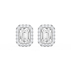 Emerald Lab Grown Diamond Four Prong Basket Halo Stud Earrings