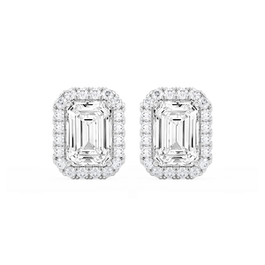 Emerald Lab Grown Diamond Four Prong Basket Halo Stud Earrings
