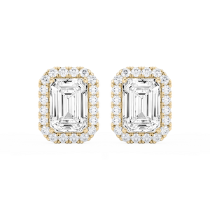 Emerald Lab Grown Diamond Four Prong Basket Halo Stud Earrings