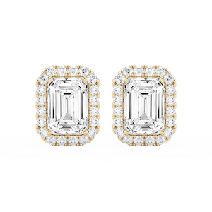 Emerald Lab Grown Diamond Four Prong Basket Halo Stud Earrings