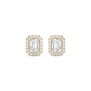 Emerald Lab Grown Diamond Four Prong Basket Halo Stud Earrings