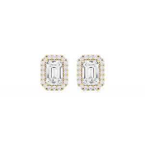 Emerald Lab Grown Diamond Four Prong Basket Halo Stud Earrings