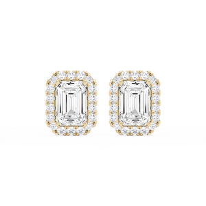 Emerald Lab Grown Diamond Four Prong Basket Halo Stud Earrings