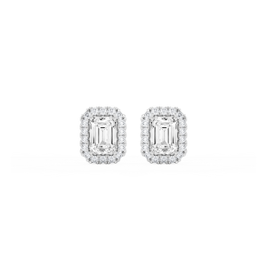 Emerald Lab Grown Diamond Four Prong Basket Halo Stud Earrings