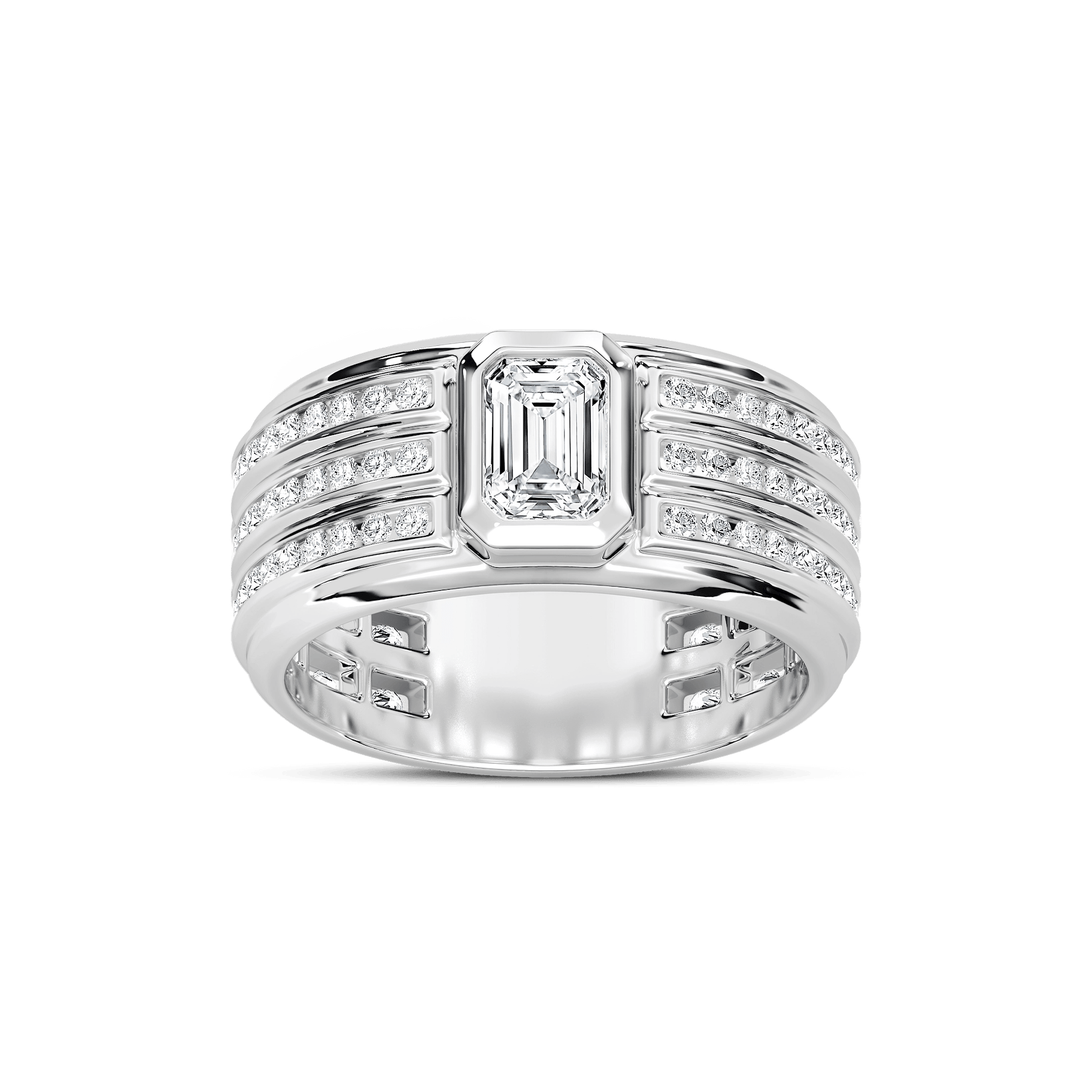 Grayson 1 ¼ ctw Emerald and Round Lab Grown Diamond 10.40mm Channel Set Mens Wedding Band