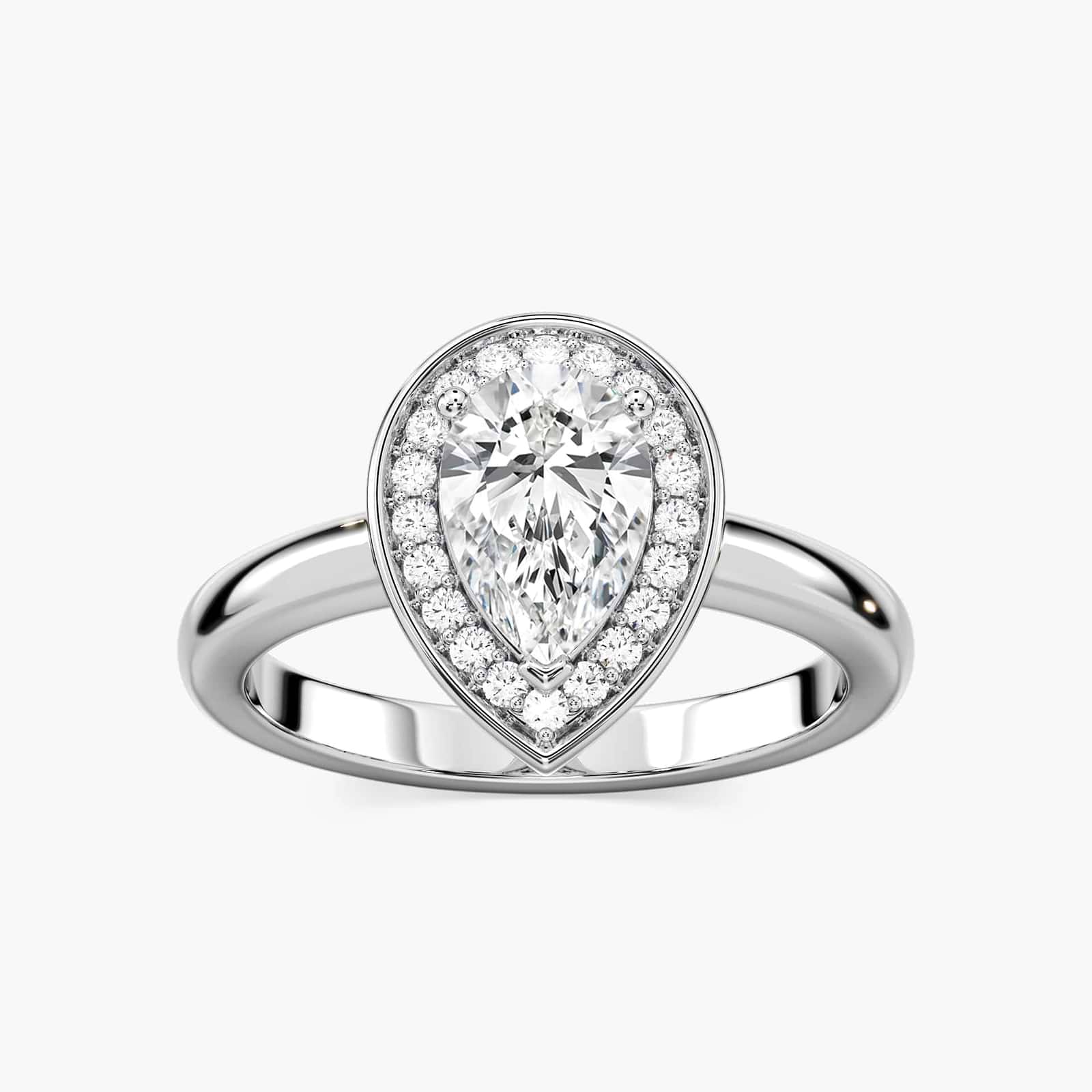 Shown with 1ct Pear Cut Lab Grown Diamond in 14k White Gold|Diamond halo engagement ring with 1ct pear cut lab grown diamond set in 14k white gold