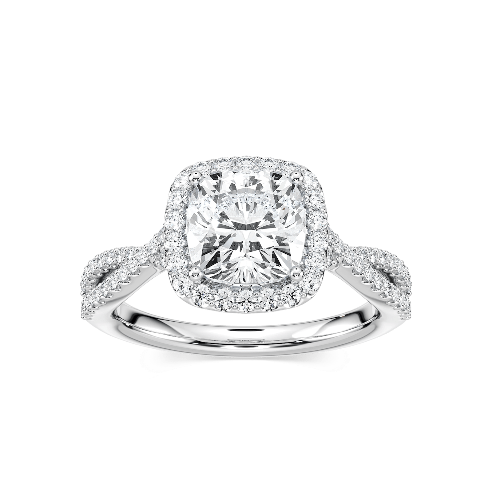 Shown with 1ct Cushion Cut Lab Grown Diamond in 14k Yellow Gold|Luxury fashion ring with accented diamond halo and split shank band set with 1ct cushion cut lab grown diamond in 14k yellow gold