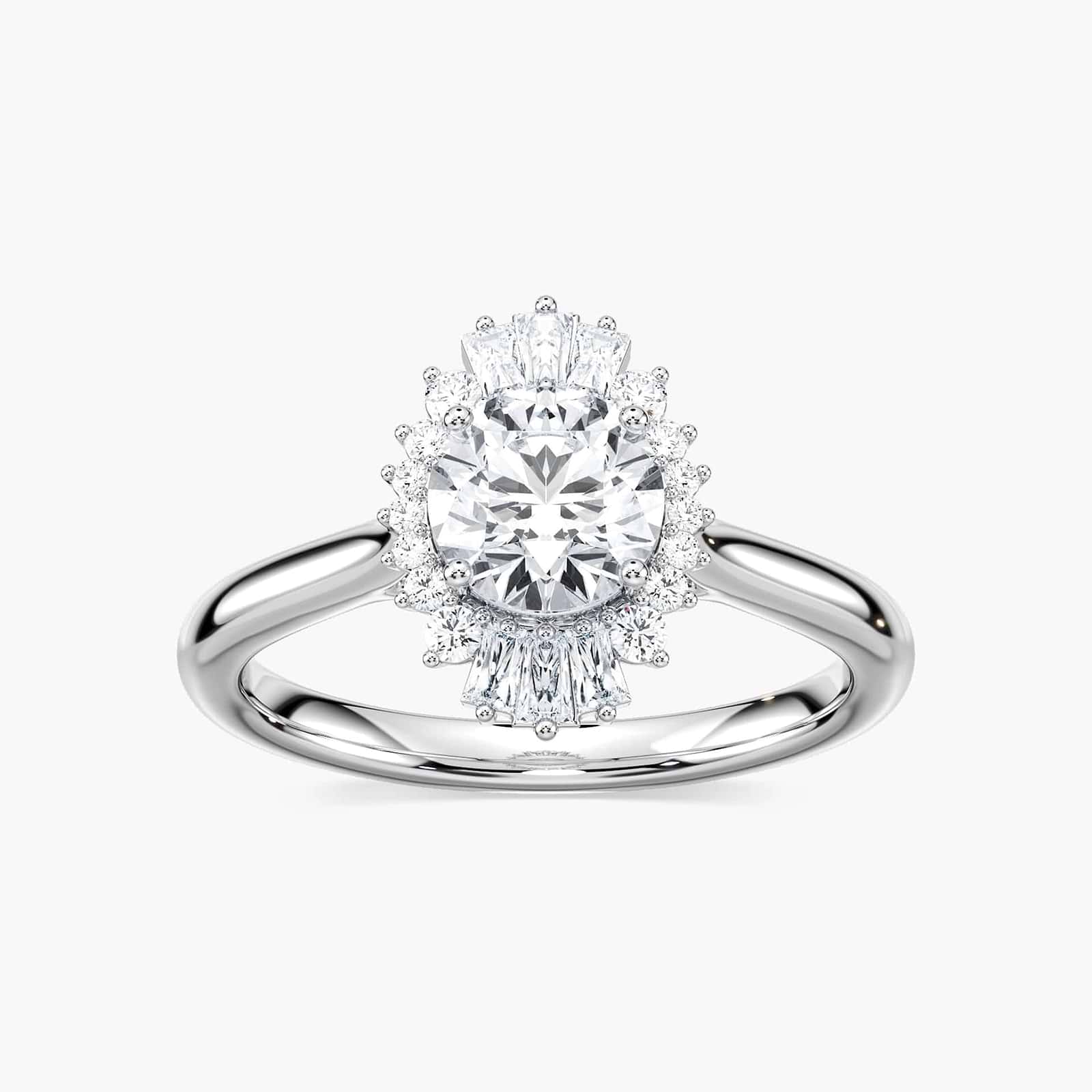 Shown here with a 1.0ct Round Cut Lab Grown Diamond center stone in 14K White Gold|diamond halo engagement ring with lab grown diamonds set on 14k white gold plain metal band