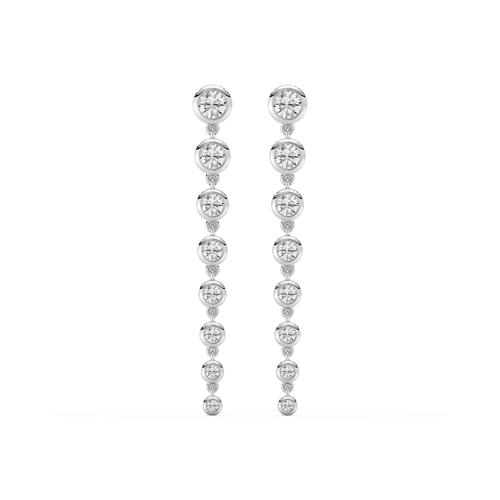 Shown in 14k White Gold|Beautiful graduated bezel drop earrings set with round lab grown diamonds in 14k white gold