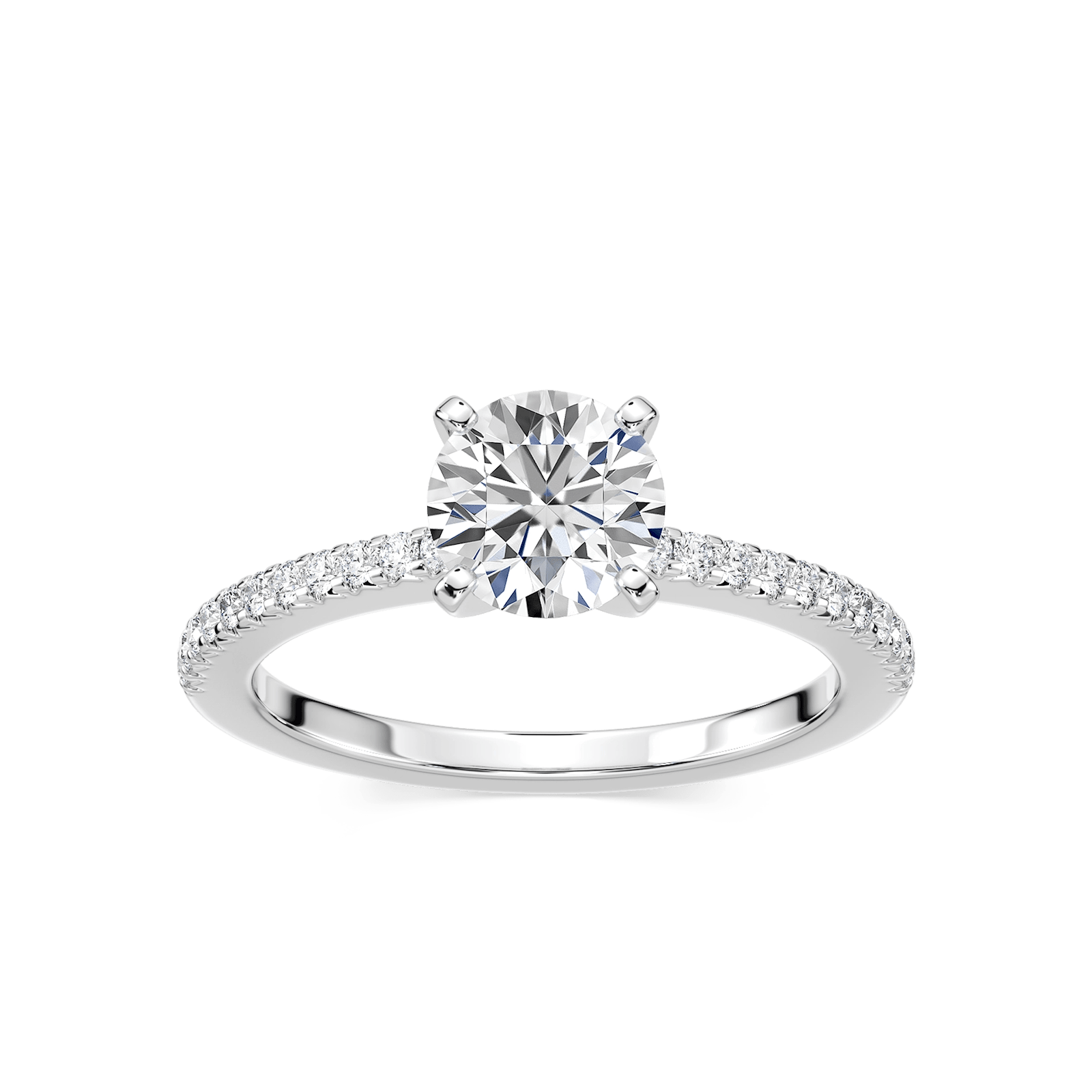 Shown with 0.70ct Round Cut Lab Grown Diamond in 14k White Gold|Classic diamond accented solitaire engagement ring with 4 prong set round cut lab grown diamond in 14k white gold