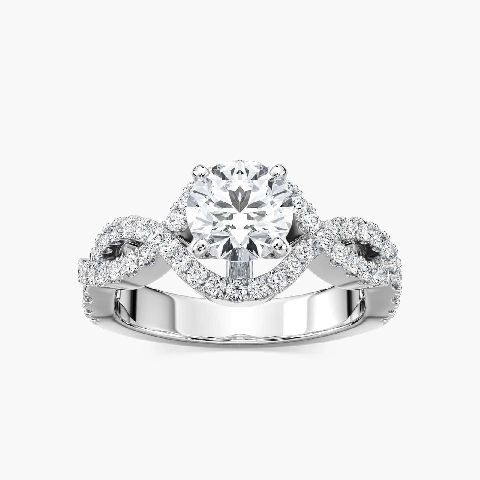 Shown with 1ct Round Cut Lab Grown Diamond in 14k White Gold|Unique twisted wavy engagement ring with diamond accented band and 1ct round cut lab grown diamond in 14k white gold