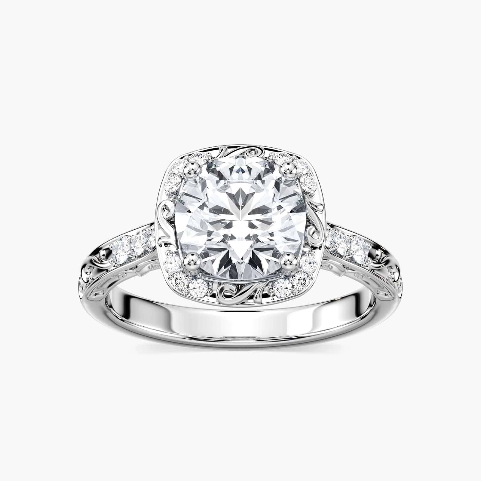 Shown with 1ct Round Cut Lab Grown Diamond in 14k White Gold|Antique style engagement ring with diamond accents and filigree detailing on the halo and band featuring 1ct round cut lab grown diamond in 14k white gold
