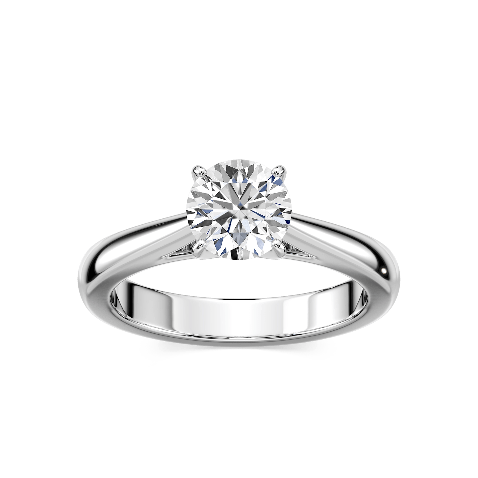 Shown with 1ct Round Cut Lab Grown Diamond in 14k White Gold|Simple solitaire engagement ring with 1ct round cut lab grown diamond in 14k white gold