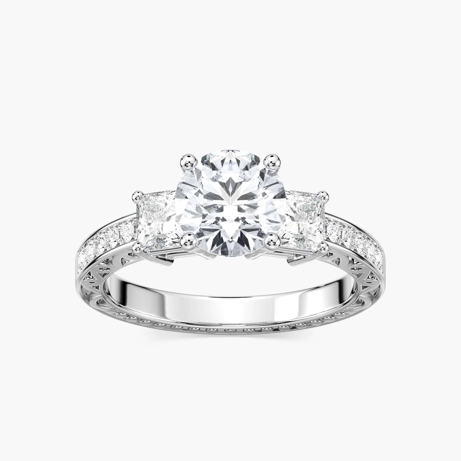 Shown with Three Princess Cut Lab Grown Diamonds Set in 14k White Gold|Vintage style three stone engagement ring with princess cut lab grown diamonds and antique style scroll detailing in 14k white gold