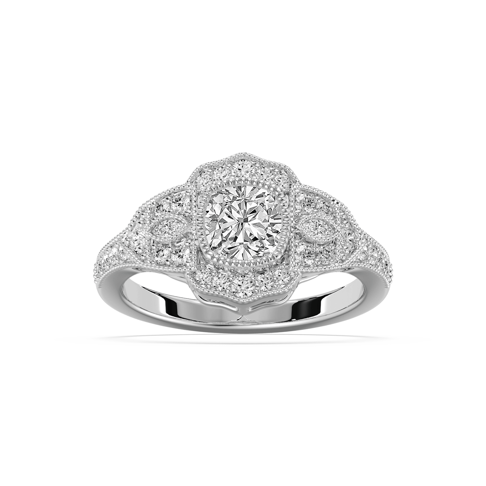 Shown with 1ct Cushion Cut Lab Grown Diamond in 14k White Gold|Unique antique style diamond accented halo engagement ring with 1ct cushion cut lab grown diamond in 14k white gold