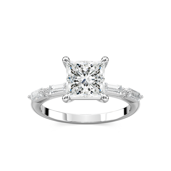 Kira Princess Lab Grown Diamond Spaced Baguette Side Stone Engagement Ring